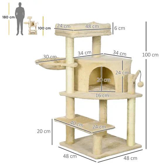 Buy Sisal 100cm Cat Tree Tower with Sisal Scratching Post Cream White, 3 image
