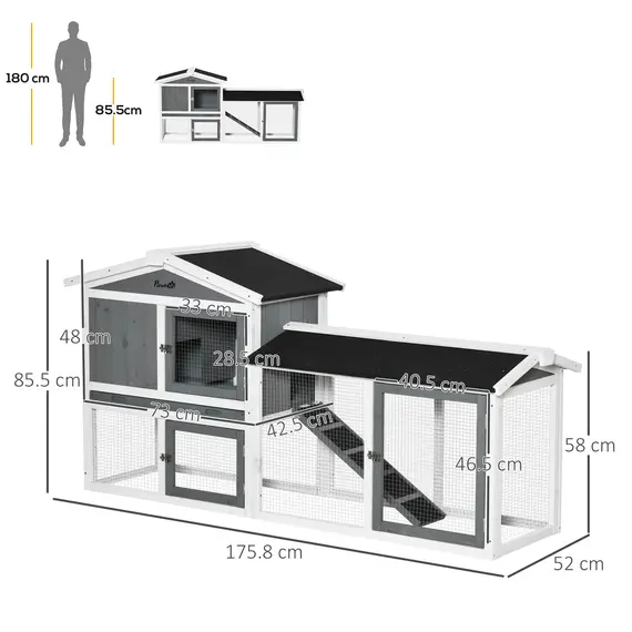 Buy Rabbit Hutch Outdoor, 2-Tier Guinea Pig Hutch, Wooden Small Animal House with Rabbit Run Box, Slide-out Tray, Ramp, 175.8 x 52 x 85.5 cm, White, 3 image