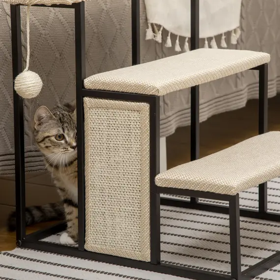 Buy Three-Step Pet Stairs, with Sisal Scratching Board, Toy Hanging Ball, Steel Frame, 9 image
