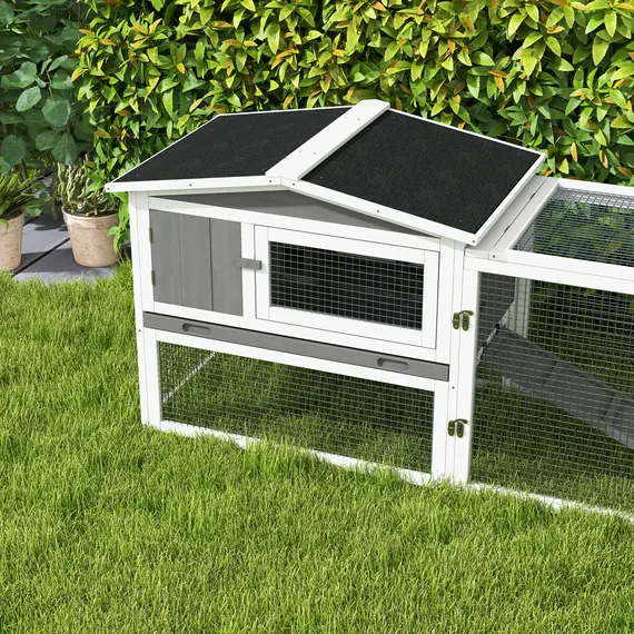 Buy Rabbit Hutch with Run Wooden Guinea Pig Hutch Outdoor Bunny Cage Hide House with Sliding Tray, Hay Rack, Ramp, 156 x 58 x 68cm, Grey, 9 image
