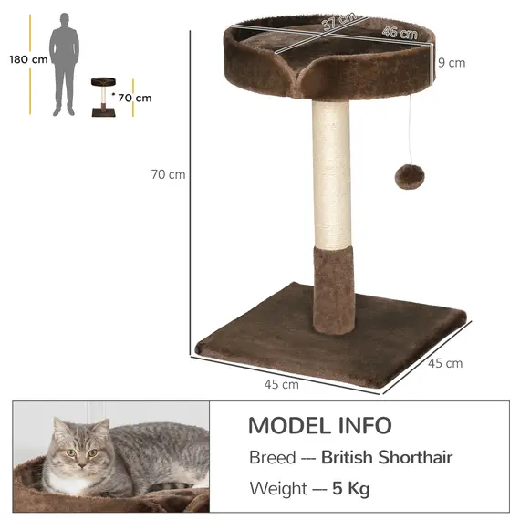 Buy Small Cat Tree for Indoor Cats with Sisal Scratching Post Kitten Bed Cushion Ball Toy, Brown, 45x45x70 cm, 3 image