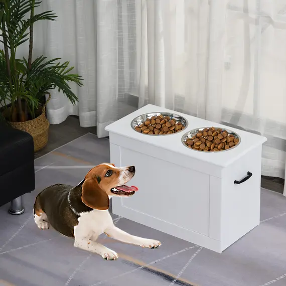 Buy Raised Dog Bowls, with Storage, Two Stainless Steel Bowls, Elevated Base - White, 2 image