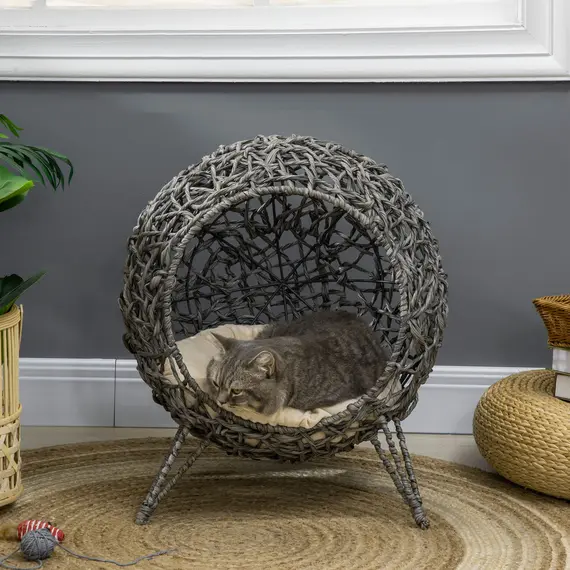 Buy Rattan Elevated Cat Bed House Kitten Basket Ball Shaped Pet Furniture w/ Removable Cushion - Silver-Tone and Grey, 2 image