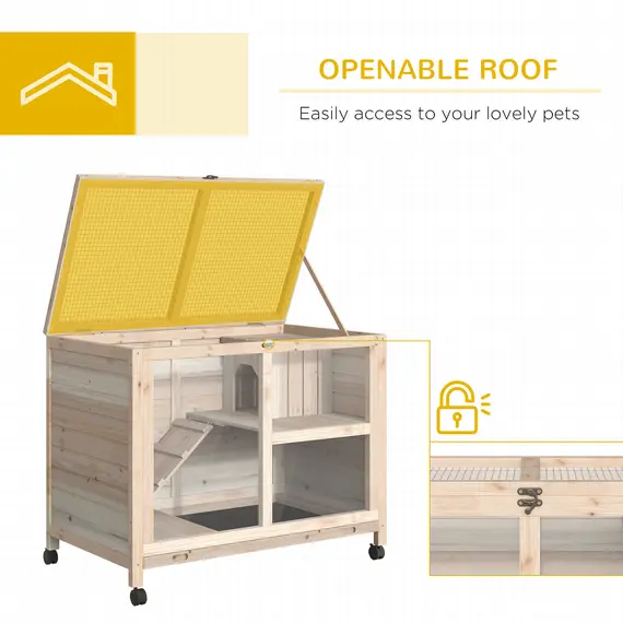 Buy Rabbit Hutch Indoor Wooden Guinea Pig House Hamster Cage with Wheels, 2 Layers Bunny Cage with Openable Roof, 91.5 x 53.3 x 73 cm, Natural, 5 image
