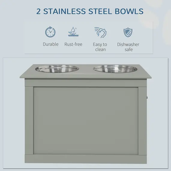 Buy Raised Dog Bowls, with Storage, Two Stainless Steel Bowls, Elevated Base - Grey, 5 image
