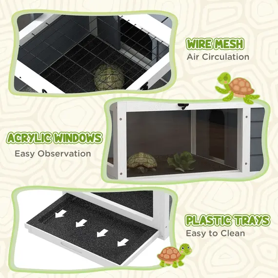 Buy Tortoise Table with Adjustable Lamp Holder, Wooden Tortoise House w/ Openable Lids, Pull-Out Trays - Grey, 7 image