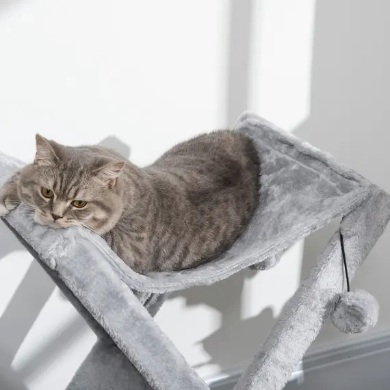 Buy Two Tier Cat Tree for Indoor Cats Play Rest Activity Tower Plush Folding Relax Center w/ Scratching Post Hammock Pom Poms Grey, 8 image