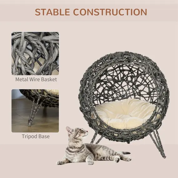 Buy Rattan Elevated Cat Bed House Kitten Basket Ball Shaped Pet Furniture w/ Removable Cushion - Silver-Tone and Grey, 4 image