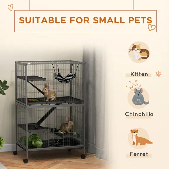 Buy Small Animal Cage for Chinchilla Ferret Kitten on Wheels with Hammock Removable Tray, Grey, 4 image