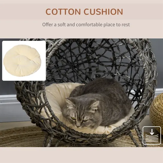 Buy Rattan Elevated Cat Bed House Kitten Basket Ball Shaped Pet Furniture w/ Removable Cushion - Silver-Tone and Grey, 5 image