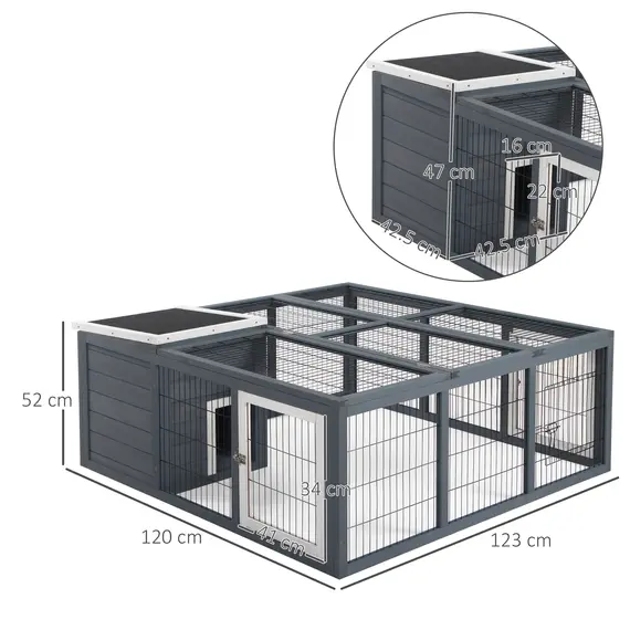 Buy Rabbit Hutch Outdoor, Guinea Pig House, Bunny Run Cage with Openable Top for 1-2 Rabbits, 123 x 120 x 52cm, Grey, 3 image