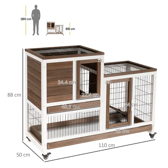 Buy Two-Tier Rabbit Hutch Pet Cage, with Wheels - Brown, 3 image