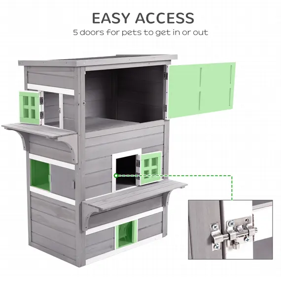 Buy Three-Tier wooden Kitten Shelter, Outdoor Cat House, with Jumping Platforms, Asphalt Roof, Doors - Grey, 6 image