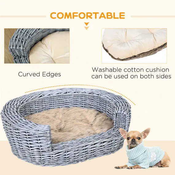 Buy Wicker Pet Bed Willow Dog Cat Sofa Couch Puppy Basket with Cushion Grey 57L x 46W x 17.5H cm, 6 image
