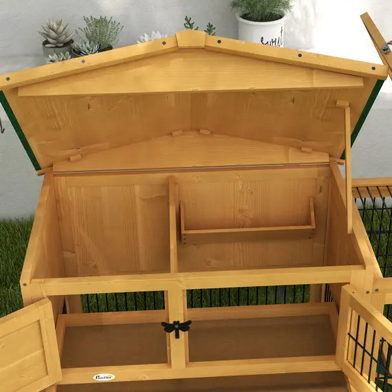 Buy Wooden Rabbit Hutch with Outdoor Run Yellow, 9 image