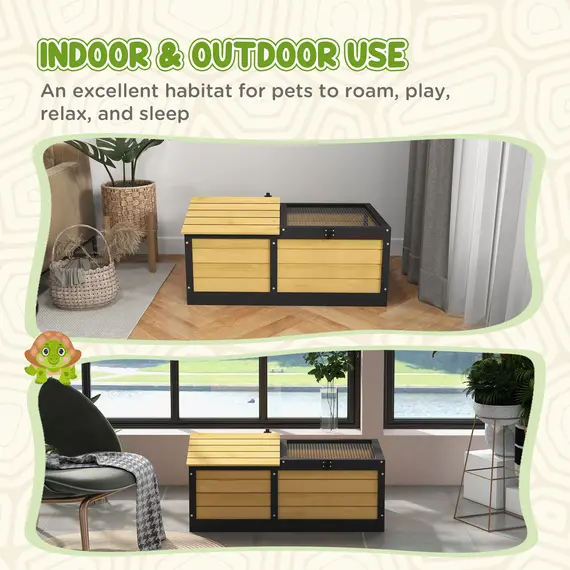 Buy Wooden Tortoise House, Small Pet Reptile Shelter, with Hide Den and Run - Yellow, 7 image