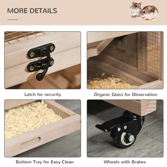 Buy Wooden Hamster Cage, Mice Rodent Small Animals Kit Hutch, 3 Tiers Exercise Play House, with Wheels, Bottom Tray, 99 x 50 x 69 cm, Natural Wood, 5 image
