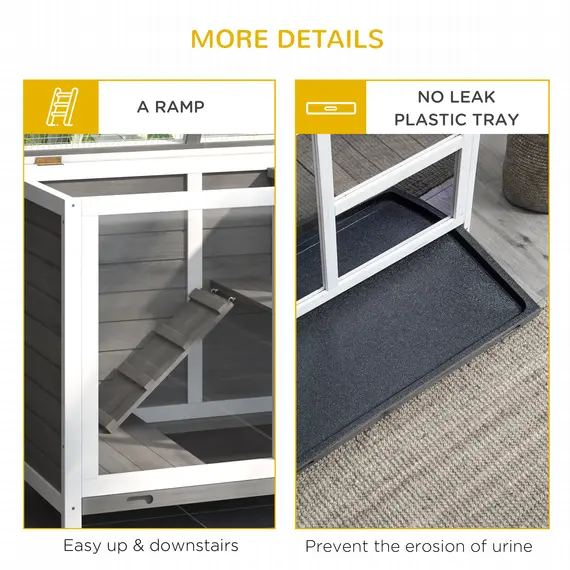 Buy Wooden Rabbit Hutch Indoor with Wheels, Openable Roof, 91.5 x 53.3 x 73 cm, Grey, 8 image