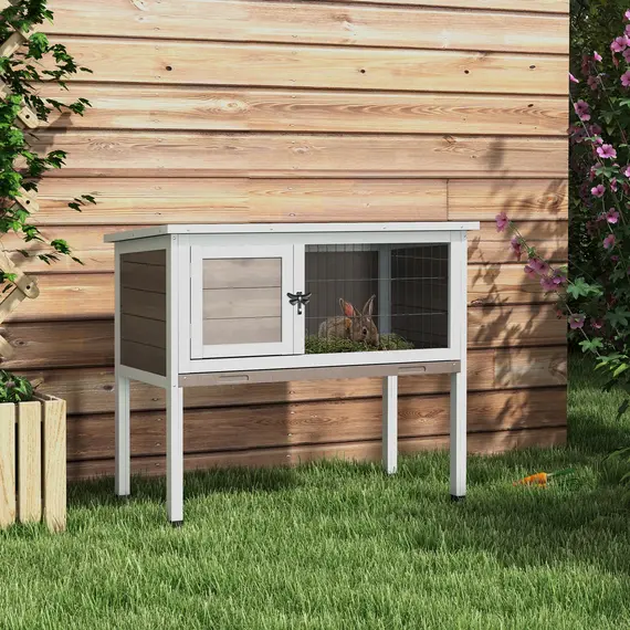 Buy Wooden Guinea Pig Hutch, Small Animal Cage with Slide-out Tray, Openable Asphalt Roof, 84 x 43 x 70cm, Brown, 2 image