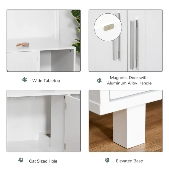 Buy Wooden Cat Litter Box Enclosure & House with Nightstand/End Table Design, Scratcher, & Magnetic Doors, White, 6 image