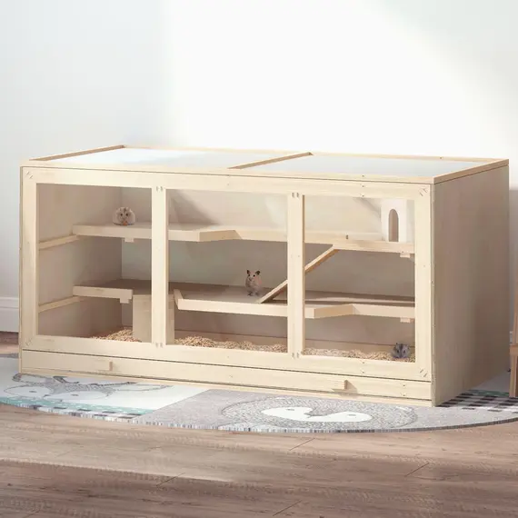 Buy Wooden Hamster Cage, Small Animals Hutch with Tray, Openable Top, Exercise Play House Pen, 115L x 57W x 55Hcm, Natural, 2 image