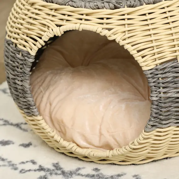 Buy Wicker Cat House, Rattan Raised Cat Bed, Cosy Kitten Cave with Soft Washable Cushion, Î¦40 x 30cm, 8 image