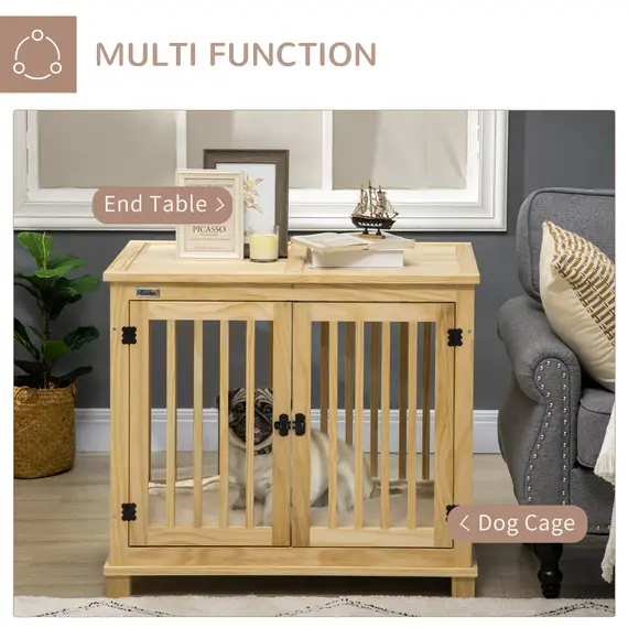 Buy Wooden Dog Crate, with Double Doors, Cushion, for Medium Dogs - Natural Finish, 5 image