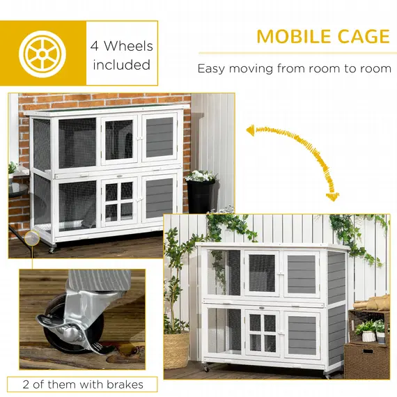 Buy Wooden Rabbit Hutch, Two-Tier Guinea Pig Cage, with Removable Tray, Wheels, 7 image