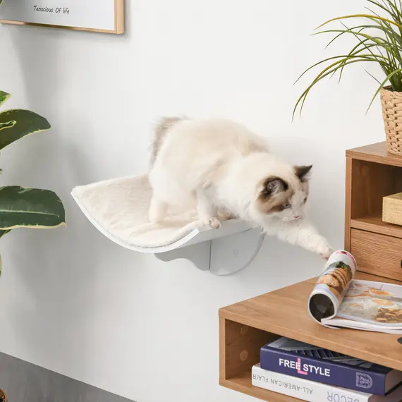 Buy Wood Cat Shelves, Wall-Mounted Cat Shelter, Curved Kitten Bed Perch Climber Furniture 41 x 28 x 21cm White, 8 image