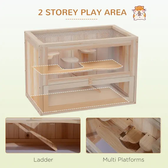 Buy Wooden Hamster Cage Mouse Mice Rodent Small Animals Hutch Exercise Play House 60 x 35 x 42cm, Natural Wood Finish, 4 image