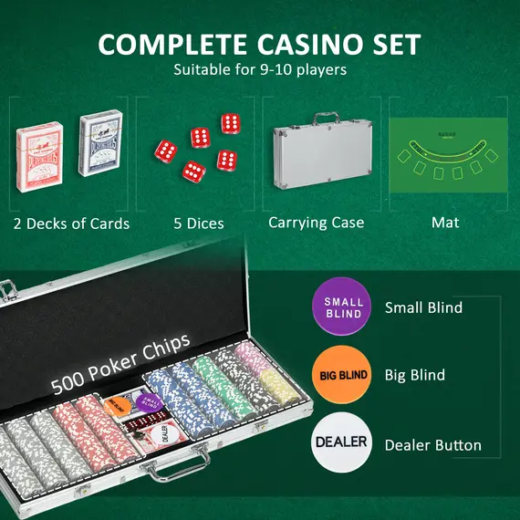 Buy 500-Piece Poker Chips Set, Poker Set with Mat, Chips, Two Card Decks, Dealer, Five Dices, 4 image