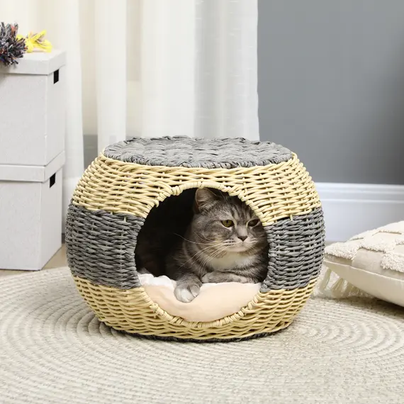 Buy Wicker Cat House, Rattan Raised Cat Bed, Cosy Kitten Cave with Soft Washable Cushion, Î¦40 x 30cm, 2 image