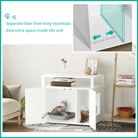 Buy Wooden Cat Litter Box Enclosure Furniture with Adjustable Interior Wall & Large Tabletop for Nightstand, White, 4 image