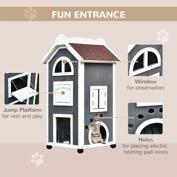 Buy Wooden Cat House, Weatherproof Pet Shelter, Outdoor Cat Condos Cave, 2 Floor Furniture, Grey and White, 5 image