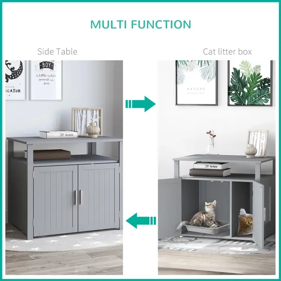 Buy Wooden Cat Litter Box Enclosure Furniture with Adjustable Interior Wall & Large Tabletop for Nightstand, Grey, 6 image