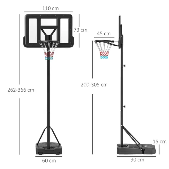 Buy Height Adjustable Basketball Stand Net Set System, Freestanding Basketball Hoop and Stand w/ Wheels, 200-305cm - Black, 3 image