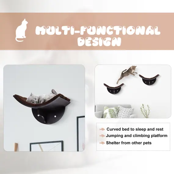 Buy Wood Cat Shelves, Wall-Mounted Cat Shelter, Curved Kitten Bed Perch Climber Furniture 41 x 28 x 21cm Brown, 4 image