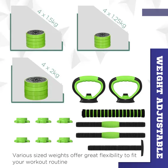 Buy 20kg Four-In-One Adjustable Weight Dumbbells Set, Barbell, Kettlebell, Push Up Stand - Green, 5 image