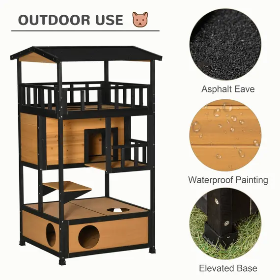 Buy Wooden Outdoor Cat House 3-Tier for Winter Kitten Shelter Lodge w/ Tilted Roof Terrace Jump Step Bottom Tray Elevated Base Waterproof Paint Yellow, 6 image