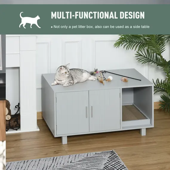 Buy Wooden Cat Litter Box Enclosure & House with Nightstand/End Table Design, Scratcher, & Magnetic Doors, Grey, 4 image