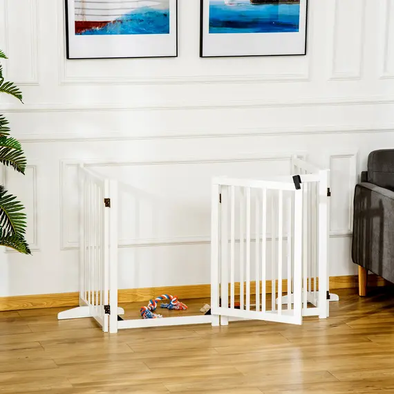 Buy Wooden Dog Gate, Dog Fence Indoor, 80 cm Tall Freestanding Pet Gate for Small and Medium Dogs with 4 Panels, 2 Support Feet, White, 2 image