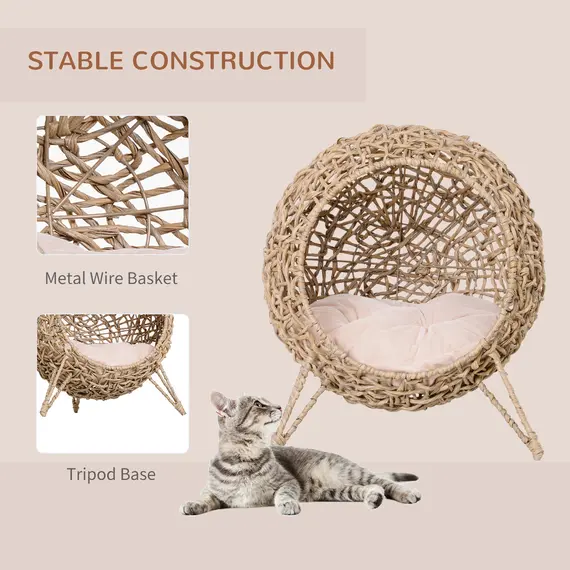 Buy Wicker Cat Bed, Ball-Shaped Rattan Elevated Cat Basket with Three Tripod Legs, Cushion - Natural Wood Finish, 4 image