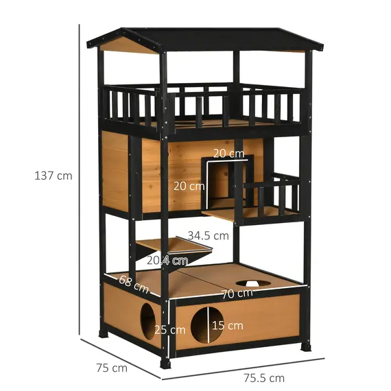Buy Wooden Outdoor Cat House 3-Tier for Winter Kitten Shelter Lodge w/ Tilted Roof Terrace Jump Step Bottom Tray Elevated Base Waterproof Paint Yellow, 3 image