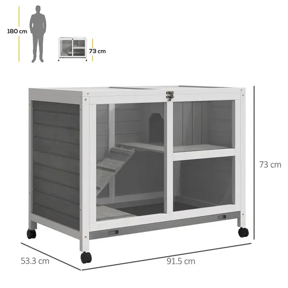 Buy Wooden Rabbit Hutch Indoor with Wheels, Openable Roof, 91.5 x 53.3 x 73 cm, Grey, 3 image