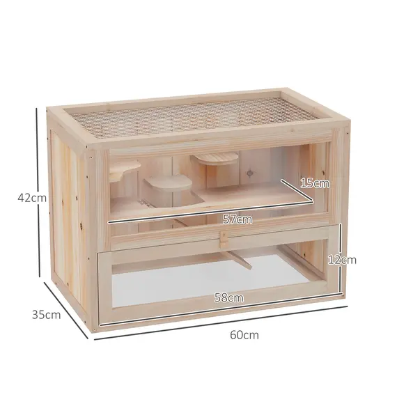 Buy Wooden Hamster Cage Mouse Mice Rodent Small Animals Hutch Exercise Play House 60 x 35 x 42cm, Natural Wood Finish, 3 image