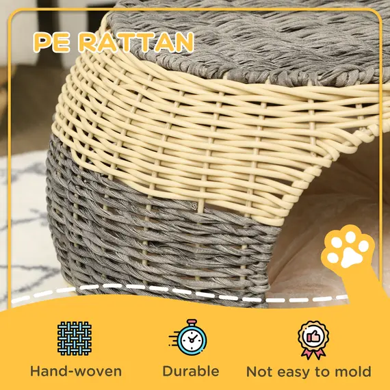 Buy Wicker Cat House, Rattan Raised Cat Bed, Cosy Kitten Cave with Soft Washable Cushion, Î¦40 x 30cm, 4 image