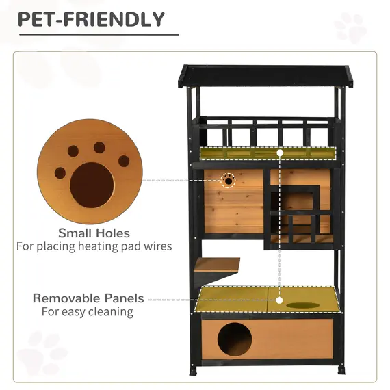 Buy Wooden Outdoor Cat House 3-Tier for Winter Kitten Shelter Lodge w/ Tilted Roof Terrace Jump Step Bottom Tray Elevated Base Waterproof Paint Yellow, 7 image