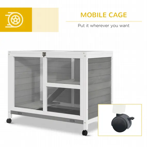 Buy Wooden Rabbit Hutch Indoor with Wheels, Openable Roof, 91.5 x 53.3 x 73 cm, Grey, 6 image