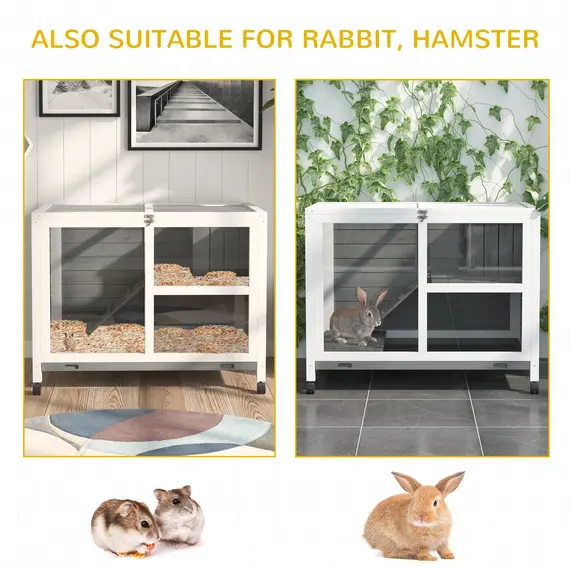 Buy Wooden Rabbit Hutch Indoor with Wheels, Openable Roof, 91.5 x 53.3 x 73 cm, Grey, 7 image