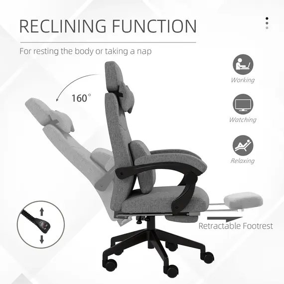 Buy Linen-Look Office Chair, with 160° Reclining Back and Footrest - Grey, 6 image
